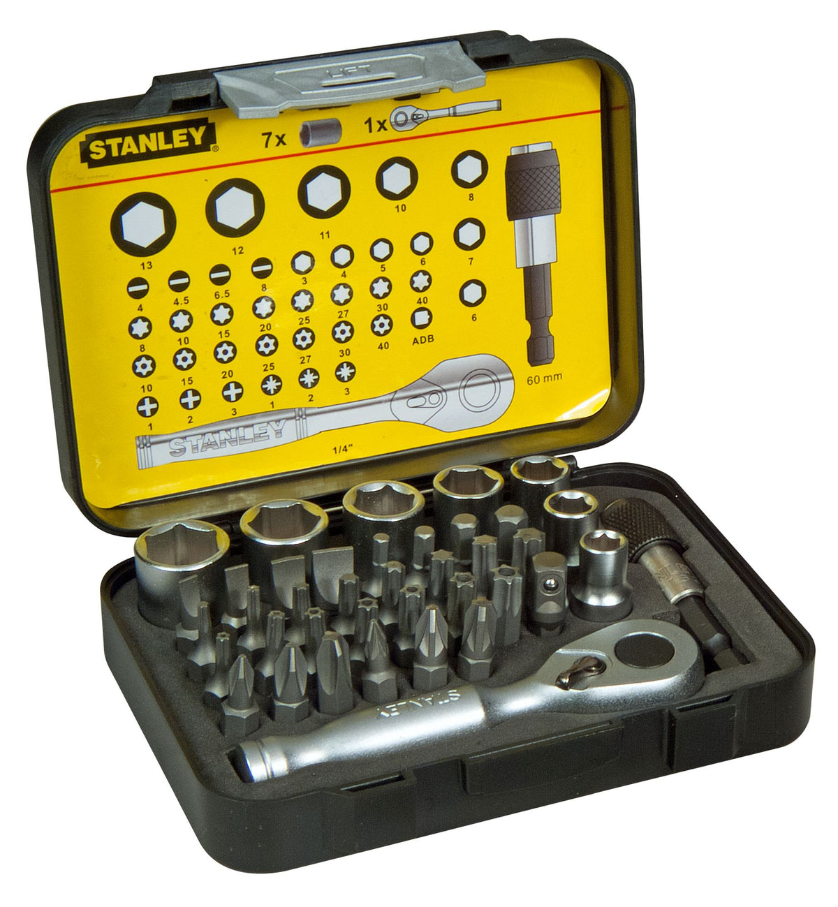 conjunto misto 1/4" 39 peças chaves de caixa/pontas 25mm sl, ph, pz, t, tt, hex - portapontas magnético - roquete - stanley (1-13-906) - 1-13-906