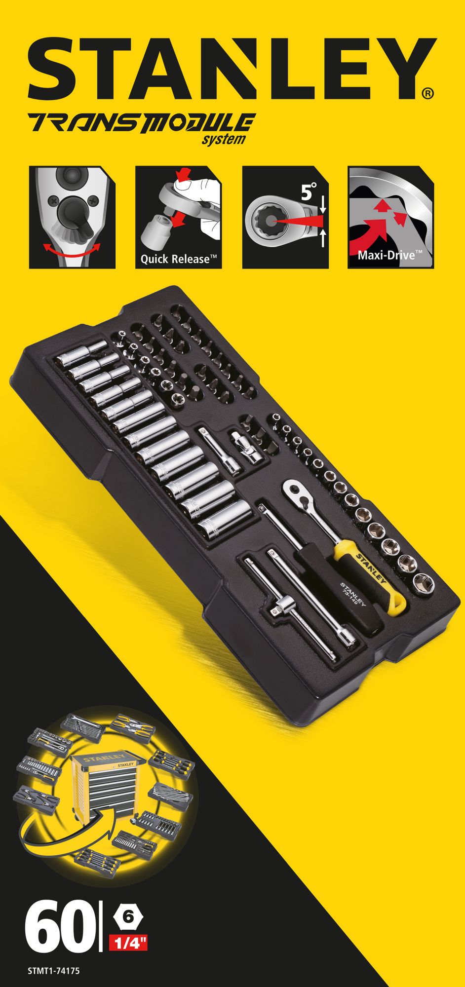 módulo de mecânica métrica transmodule system™ 1/4" - 60 peças - stanley (stmt1-74175) - stmt1-74175