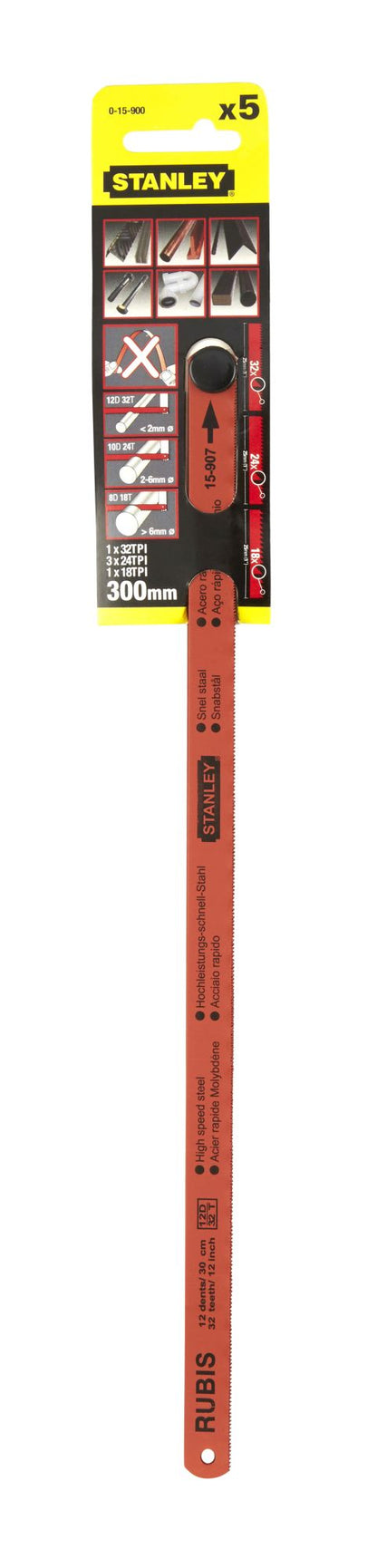 lâminas de serra rubis aço hss 300mm 1x18tpi, 3x24tpi, 1x32tpi - 5 unidades - stanley (0-15-900) - 0-15-900