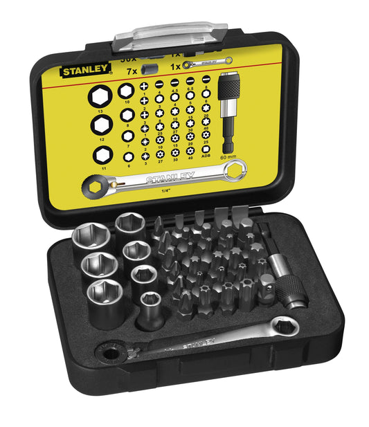 conjunto misto 1/4" 39 peças chaves de caixa/pontas 25mm sl, ph, pz, t, tt, hex - portapontas magnético - chave sistema roquete - stanley (1-13-907) - 1-13-907