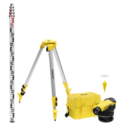kit nível óptico al-24 gvp: nível, prumo, protector da lente, mira telescópica 4m, tripé e mala de transporte. feixe vermelho - stanley (1-77-160) - 1-77-160