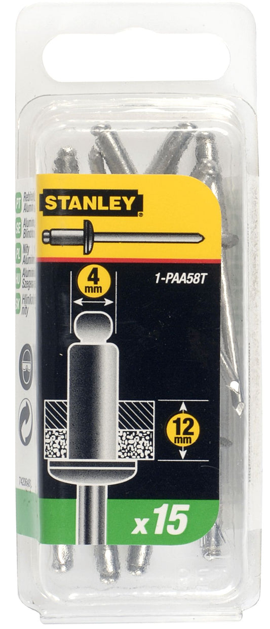 rebites alumínio 12mmx4mm - 15 unidades - stanley (1-paa58t) - 1-paa58t