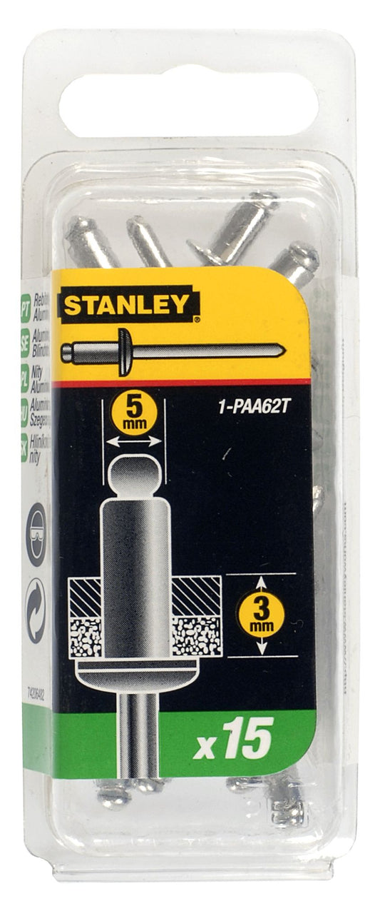 rebites alumínio 3mmx5mm - 15 unidades - stanley (1-paa62t) - 1-paa62t