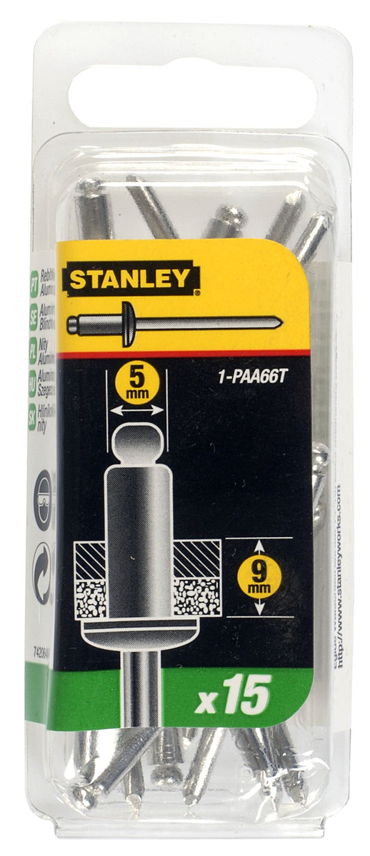 rebites alumínio 12mmx5mm - 15 unidades - stanley (1-paa66t) - 1-paa66t