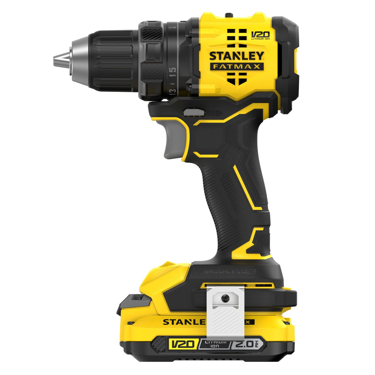 Berbequim Aparafusador BRUSHLESS V20 Li-Ion 18V 60Nm, bucha metálica 13mm, 15 + 1 posições de torque, 2 velocidades 600/1.900 rpm. Inclui 2 baterias Li-Ion 2Ah, carregador 1.25A e mala PROSTACK. - STANLEY (SFMCD714D2T-QW) - vista 2