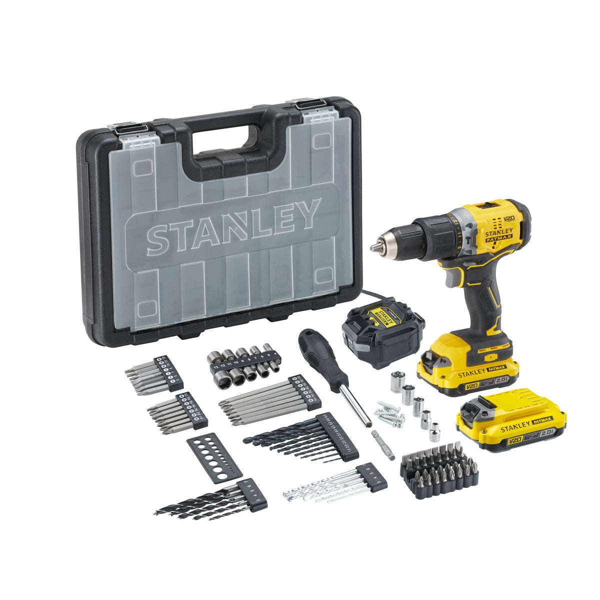kit: berbequim com percussão brushless v20 li-ion 18v sfmcd715 + set de 100 acessórios com 2 baterias li-ion 2ah, carregador 2a e caixa - stanley (sfmcd715d2a-qw) - sfmcd715d2a-qw
