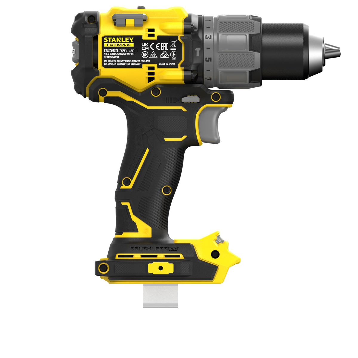 Berbequim com Percussão BRUSHLESS V20 Li-Ion 18V 80Nm, bucha metálica 13mm, 15 + 2 posições de torque, 2 velocidades 500/2.000 rpm, 34.000 ipm. Sem carregador/bateria. - STANLEY (SFMCD726B-XJ) - vista 3