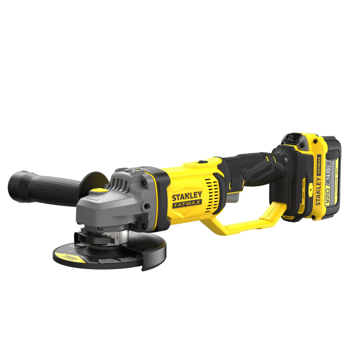 Rebarbadora V20 18 V, disco 125 mm, 9.000 rpm, rosca M14, arranque suave e interruptor com bloqueio de segurança. Inclui punho lateral, chave, 2 baterias 4 Ah, carregador 2 A e mala - STANLEY (SFMCG400M2K-QW) - vista 1