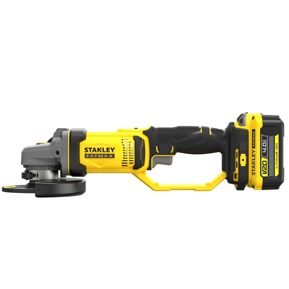 Rebarbadora V20 18 V, disco 125 mm, 9.000 rpm, rosca M14, arranque suave e interruptor com bloqueio de segurança. Inclui punho lateral, chave, 2 baterias 4 Ah, carregador 2 A e mala - STANLEY (SFMCG400M2K-QW) - vista 2