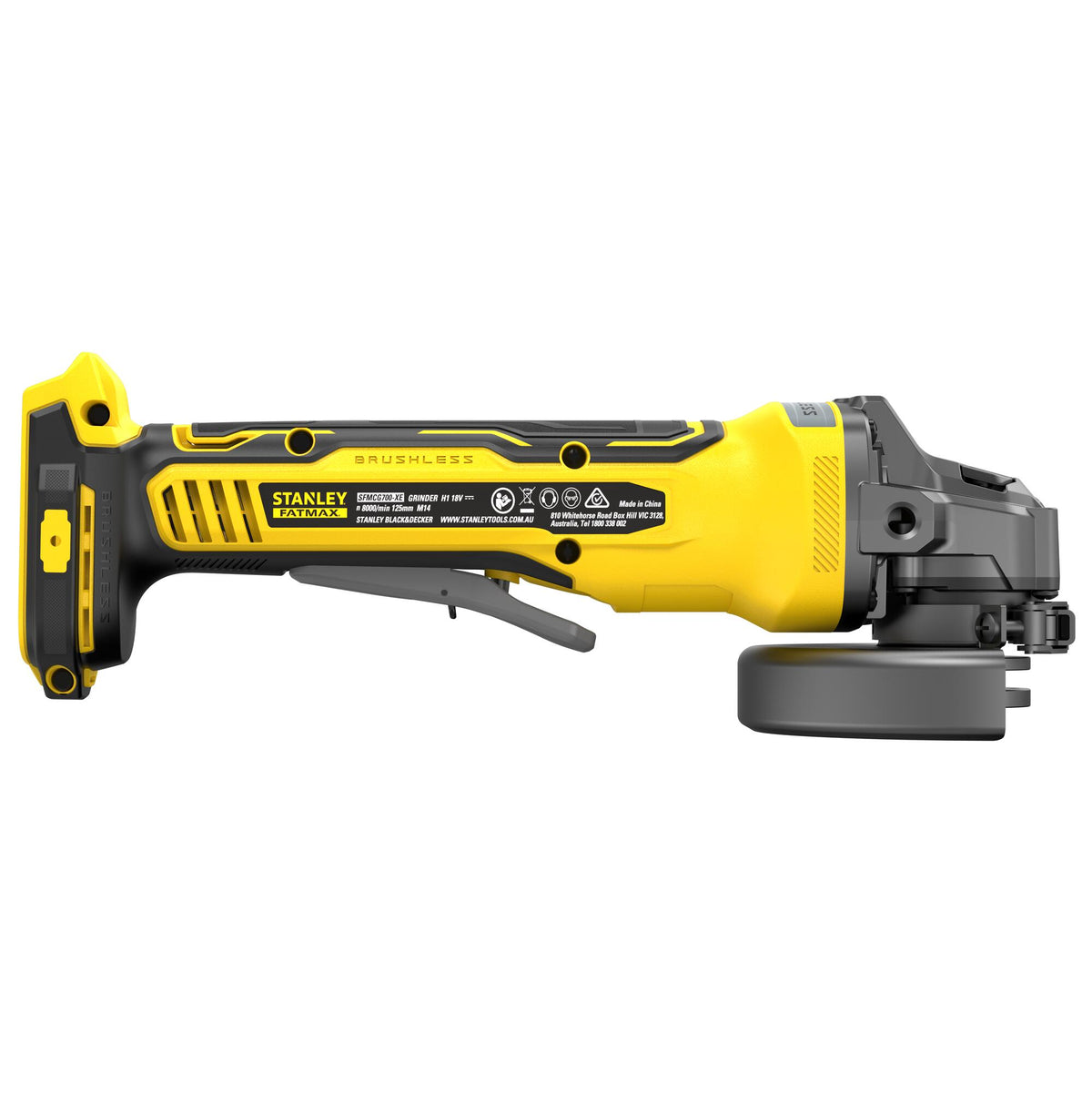 Rebarbadora Brushless V20 18 V, disco 125 mm, 8.000 rpm, rosca M14, arranque suave, travão eletrónico e interruptor homem-morto. Inclui punho lateral e chave. Sem bateria nem carregador - STANLEY (SFMCG700B-XJ) - vista 3