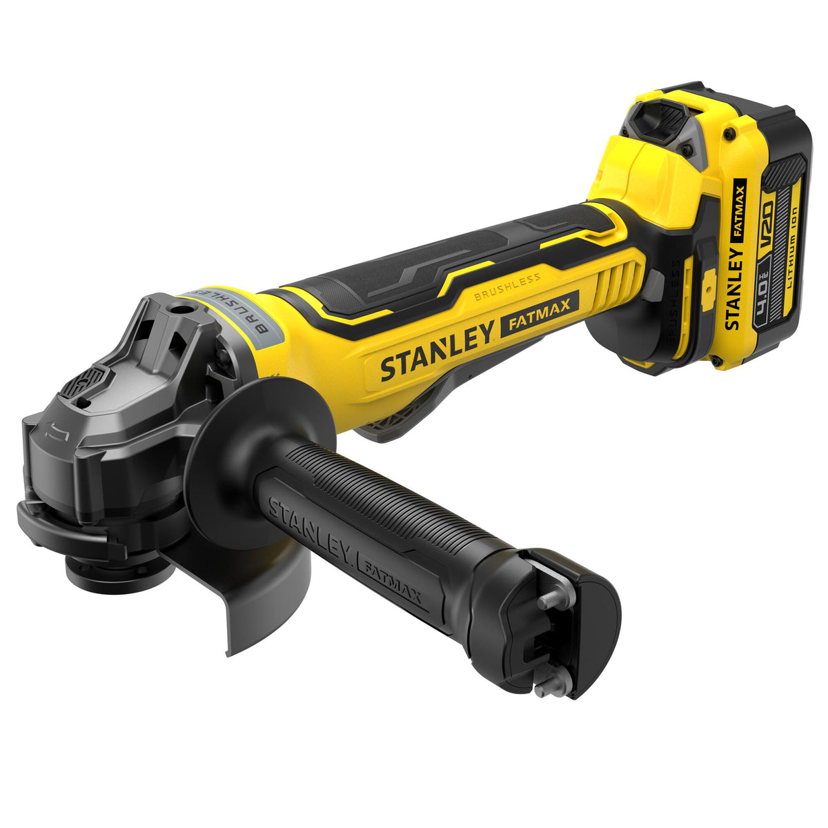 Rebarbadora Brushless V20 18 V, disco 125 mm, 8.000 rpm, rosca M14, arranque suave, travão eletrónico e interruptor homem-morto. Inclui punho lateral, chave, 2 baterias 4 Ah, carregador 2 A e mala - STANLEY (SFMCG700M2K-QW) - vista 1
