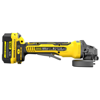 Rebarbadora Brushless V20 18 V, disco 125 mm, 8.000 rpm, rosca M14, arranque suave, travão eletrónico e interruptor homem-morto. Inclui punho lateral, chave, 2 baterias 4 Ah, carregador 2 A e mala - STANLEY (SFMCG700M2K-QW) - vista 2