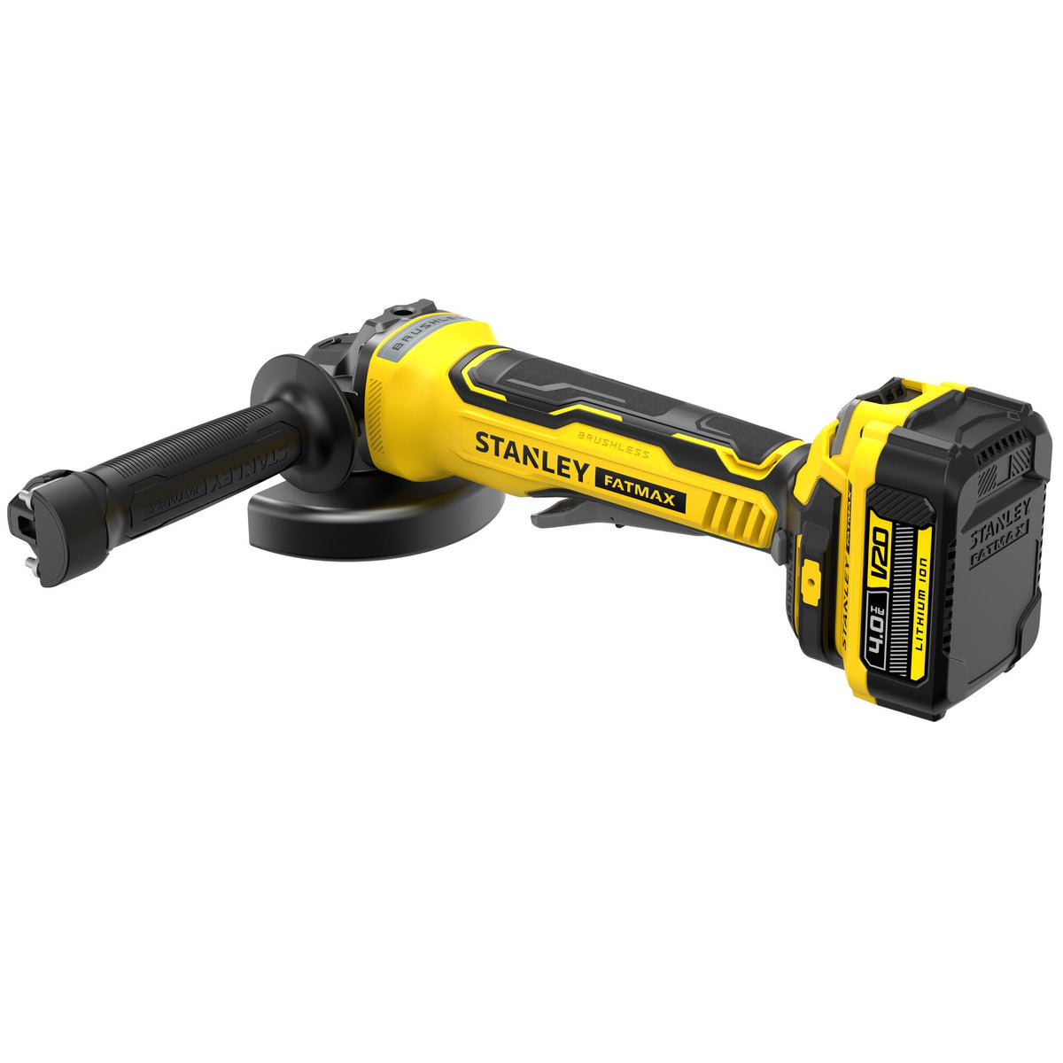 Rebarbadora Brushless V20 18 V, disco 125 mm, 8.000 rpm, rosca M14, arranque suave, travão eletrónico e interruptor homem-morto. Inclui punho lateral, chave, 2 baterias 4 Ah, carregador 2 A e mala - STANLEY (SFMCG700M2K-QW) - vista 3