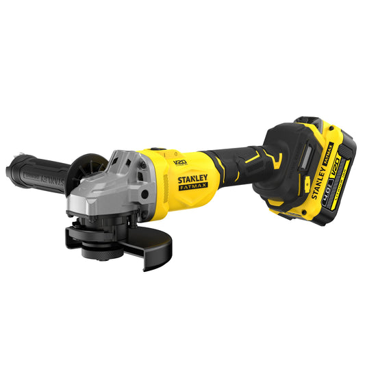 Rebarbadora Brushless V20 18 V, disco 125 mm, 8.500 rpm e travão eletrónico, com interruptor deslizante. Inclui punho lateral, chave de disco, bateria 4 Ah, carregador 2 A e mala Pro-Stack - STANLEY (SFMCG710M1T-QW) - vista 1