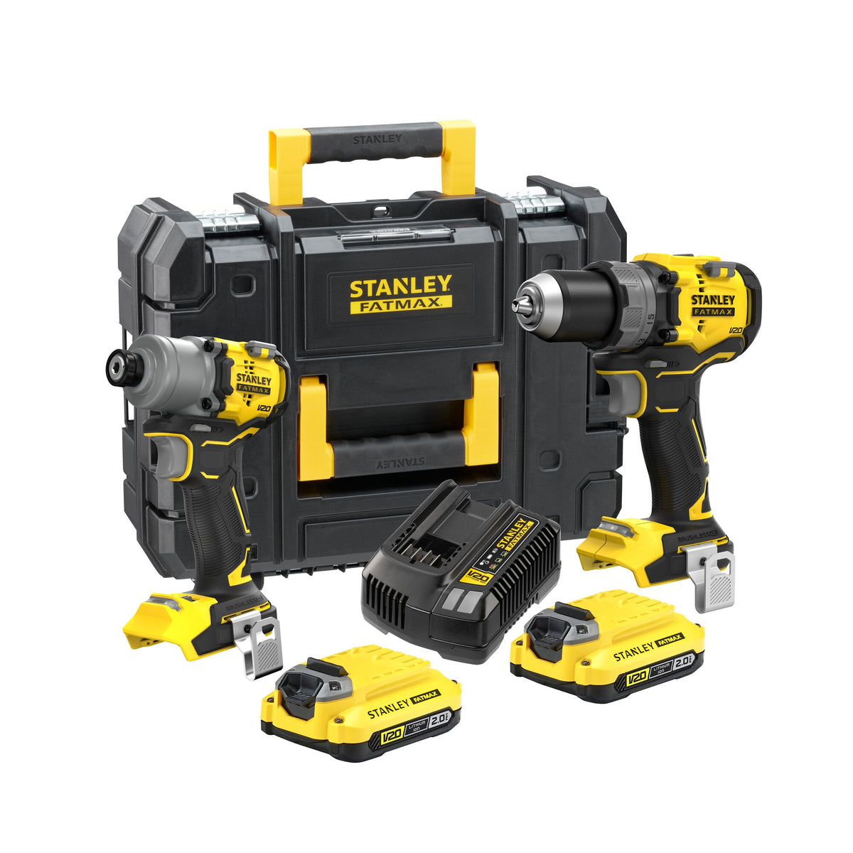 combo kit: berbequim com percussão brushless v20 80nm sfmcd726 + aparafusador de impacto brushless v20 230nm sfmcf830 com 2 baterias de li-ion de 2ah, carregador 2a e mala pro-stack - stanley (sfmck211d2t-qw) - sfmck211d2t-qw