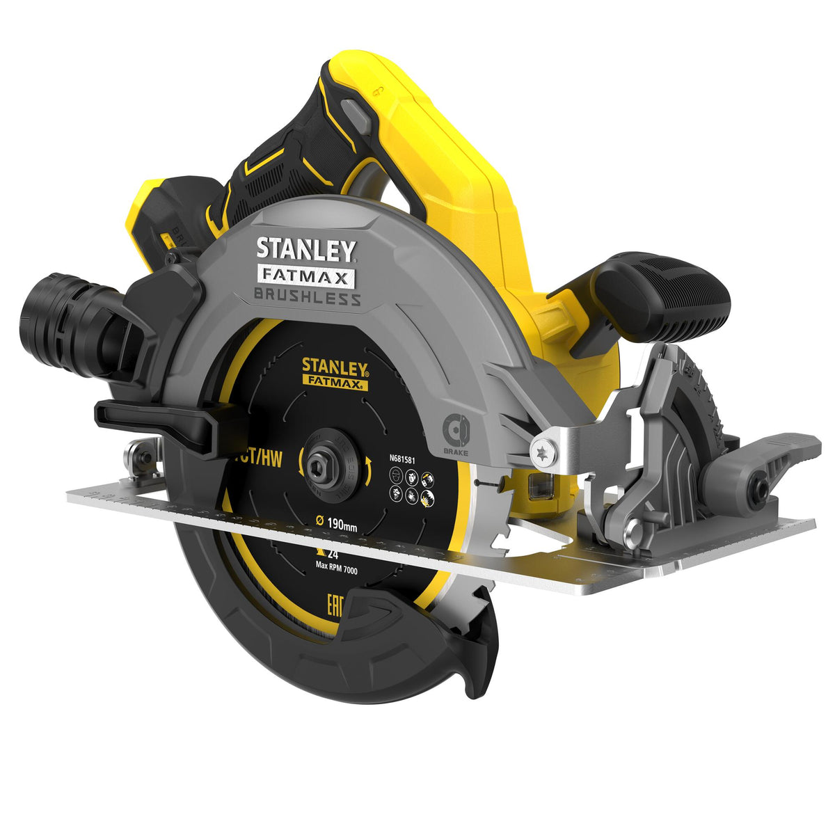 Serra Circular BRUSHLESS V20 Li-Ion 18V Ø190mm, velocidade 5.000 rpm, profundidade de corte 65mm, capacidade de bisel 0 - 56°. IncluI 1 disco TCT 24T Ø190 x 30mm. Sem carregador/bateria. - STANLEY (SFMCS550B-XJ) - vista 1