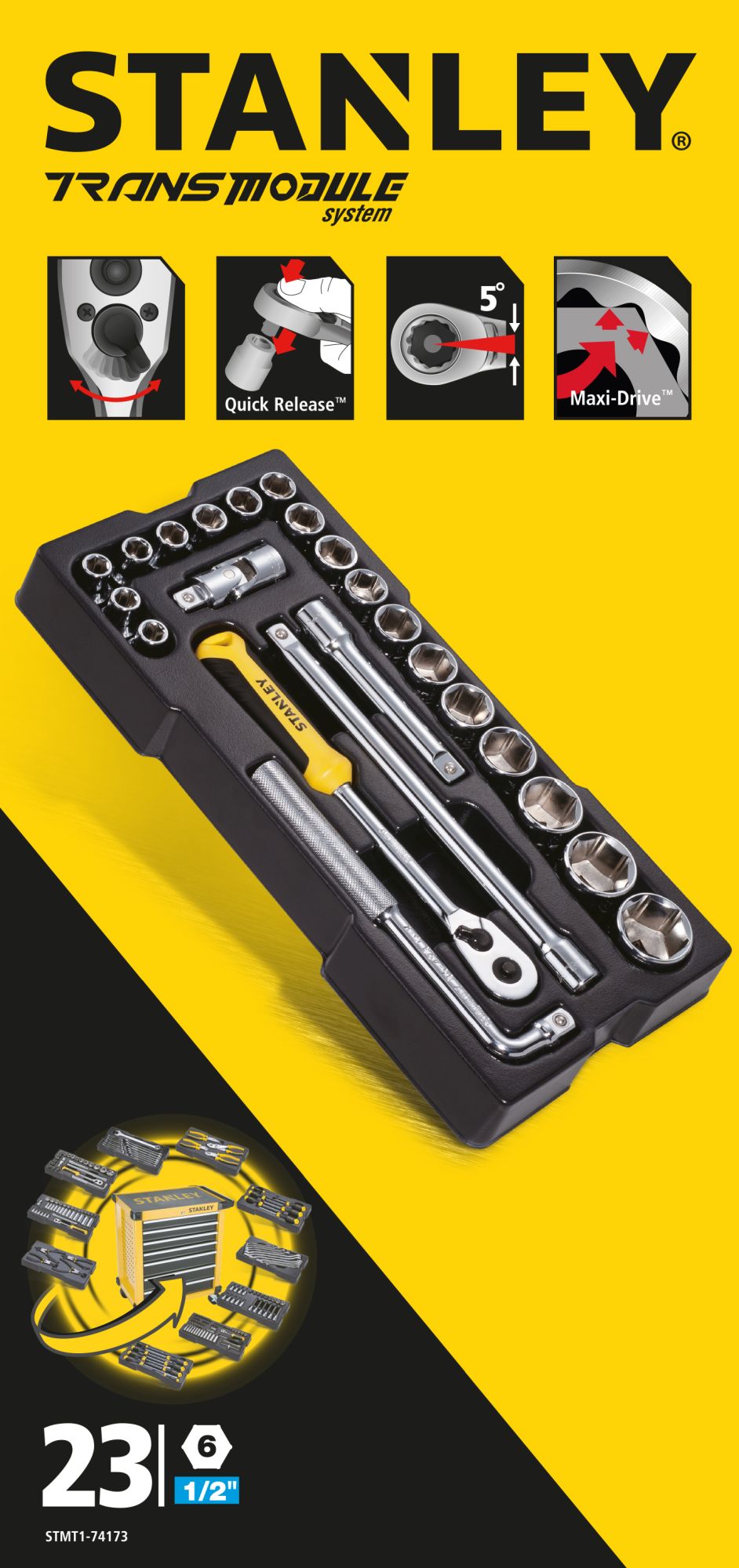 módulo de mecânica métrica transmodule system™ 1/2" chaves de caixa - 23 peças - 6 pontas - stanley (stmt1-74173) - stmt1-74173