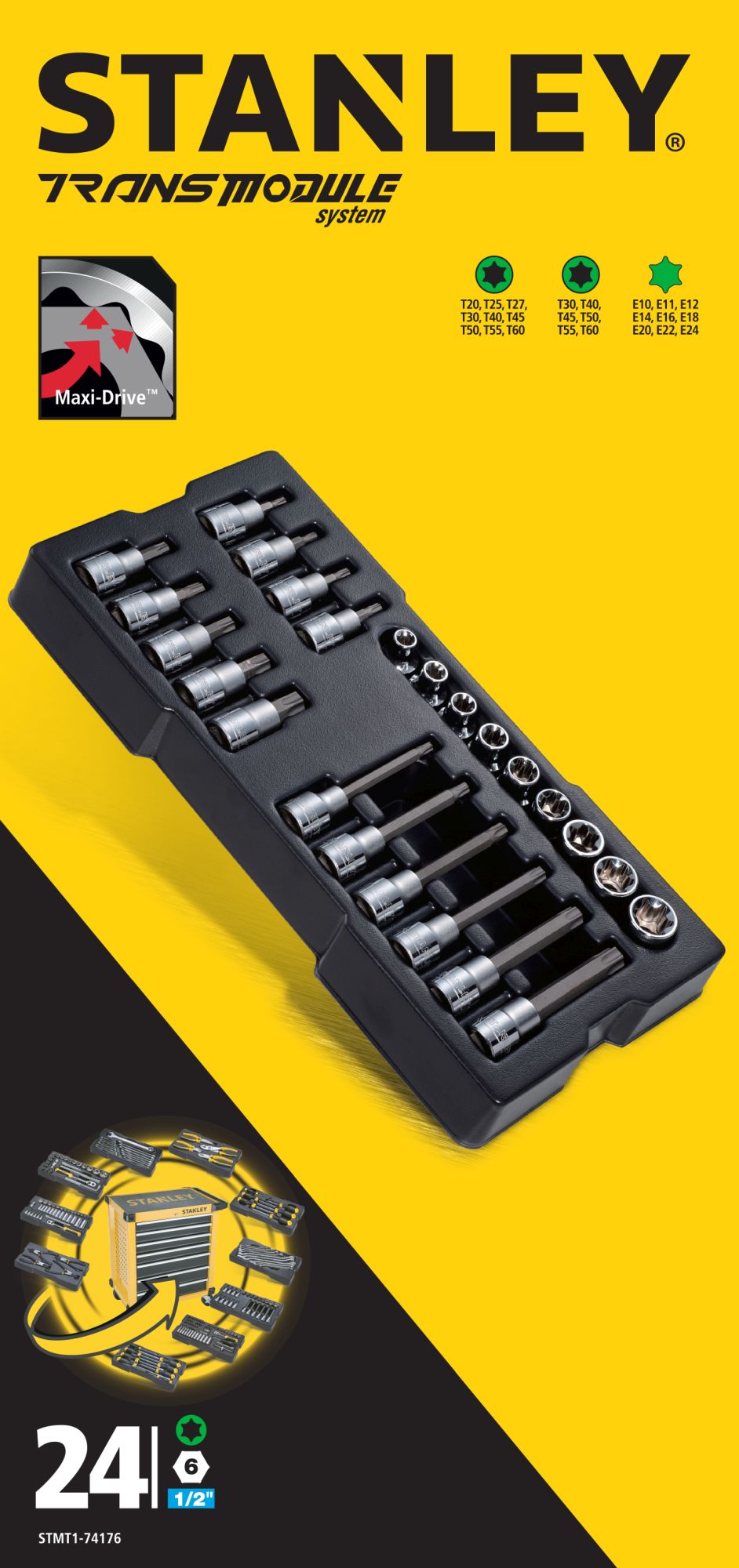Módulo de Mecânica Métrica TRANSMODULE SYSTEM™ 1/2' Chaves de Caixa - 24 Peças - 24 Pontas - STANLEY (STMT1-74176) - vista 2